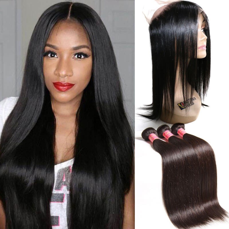 Idolra Straight Virgin Hair 3 Bundles With 360 Lace Frontal Closure Unprocessed Human Hair Weave